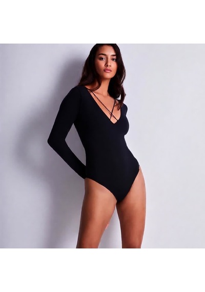Bonbon Kadın Uzun Kollu Pamuk Kumaş Siyah Body Bb2166 Siyah