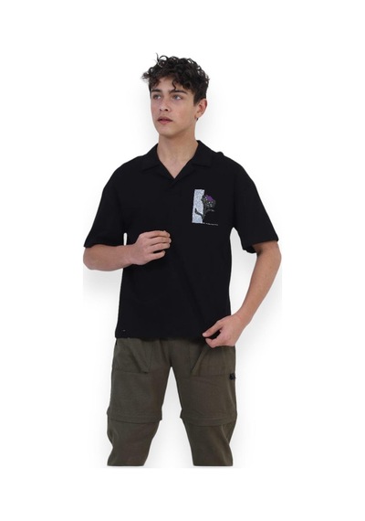 Zekids Erkek Çocuk Pamuklu Rahat Kesim Oversize Polo Yaka Tshırt-11813-siyah Siyah