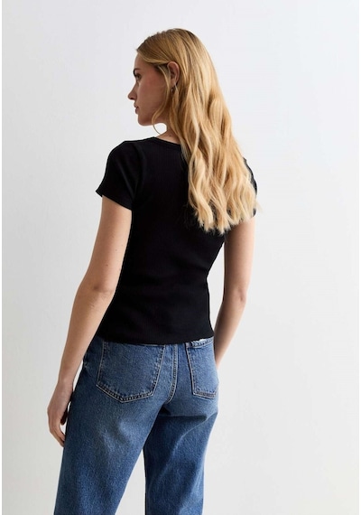 Rooted Kadın Kare Yaka T-shirt & Bluz , Likralı Fitilli Kaşkorse Kumaş SIYAH