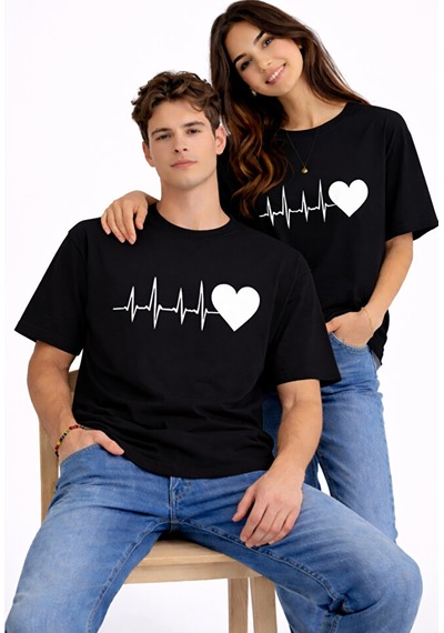 Sevgili Kombini Kalp Ritmi Baskılı Çift Tişört Oversize Unisex Partner Kombin Çift Seti Siyah