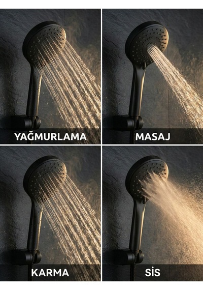 Mat Siyah Lüks Duş Seti - 4 Fonksiyonlu Masajlı Duş Başlığı + 150cm Hortum + Askı Tam Takım Siyah Diğer