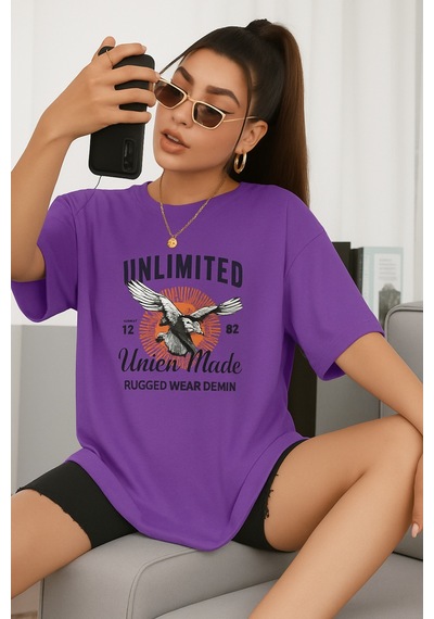 Unlimited Baskılı Oversize Beyaz T-shirt Mor
