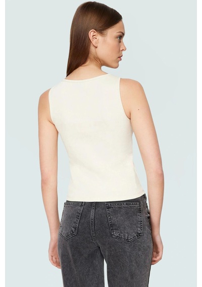 Ersefa Kadın Kolsuz Örme Bluz Kayık Yaka Fitted Kalıp Rahat Günlük Stil Taş