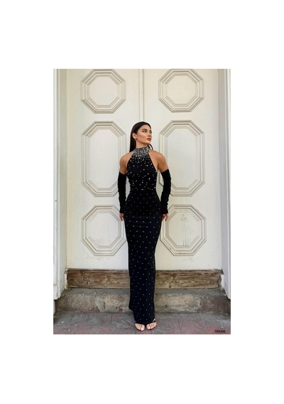 DefyModa Kadın Balıkçı Yaka Balık Kesim Uzun Kollu Abiye Elbise Siyah