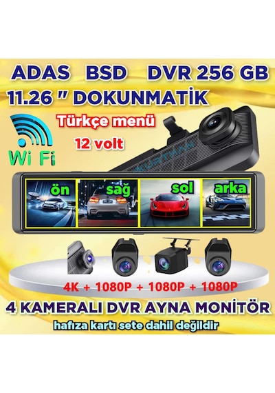 4 Kameralı 11.26'' Dokunmatik Dvr Ayna Monitör 256 Gb 12 Volt Adas-bsd Wifi
