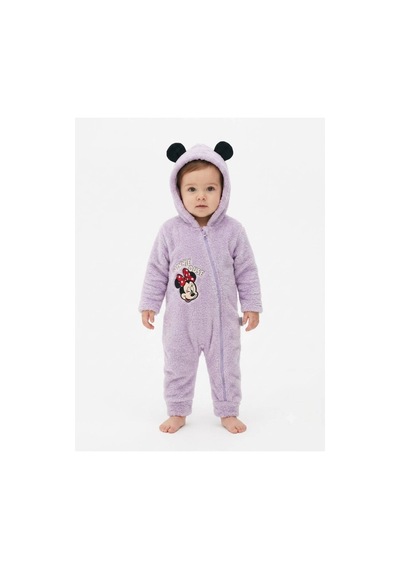 Chicsy Baby Tatlı Kız Bebek Minnie Mouse Welsoft Tulum Nakışlı Kulaklı Kapüşonlu Fermuarlı Peluş Kışlık Bebek Tulumu Lila