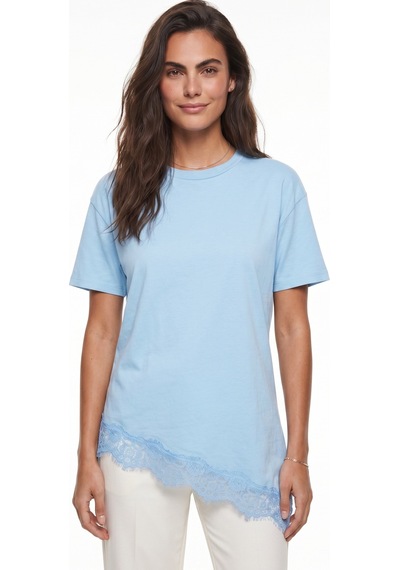 Onloox Kadın Bebe Mavisi Bebe Mavisi Yumuşak Kumaş Kısa Kollu Rahat Kalıp Asimetrik Kesim Dantel Detaylı T-shirt