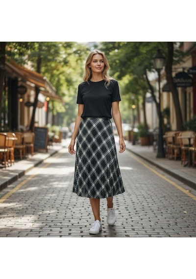 Eren Style Pileli Pamuklu Dijital Piliseli Beli Lastikli Etek 95 Cm - 38-46 Siyah