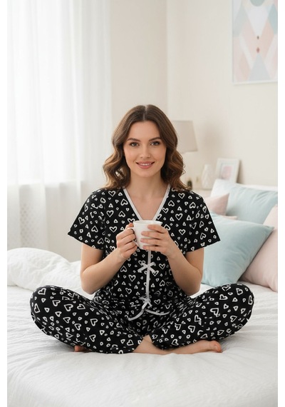 Angbutik Kadın Siyah Desenli Fiyonklu Kısa Kollu Uzun Pijama Takımı