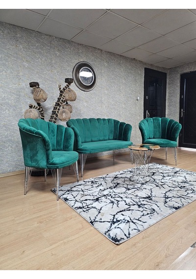 Zafir Krom Kaplama Tel Ayak Papatya Çay Seti Koltuk Takımı , Balkon, Salon, Ofis, Cafe Koltuk Takımı Yeşil