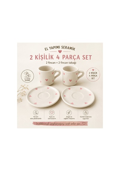El Yapımı Seramik Türk Kahvesi Fincan Takımı,2 Kişilik-4 Parça Fincan Seti,75 Ml Çok Renkli - Pembe Kalp Desen