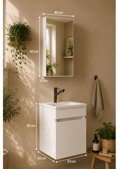 Şefaatli 45 Cm Mdf Seramik Meşe Lavabolu Aynalı Banyo Dolabı Beyaz