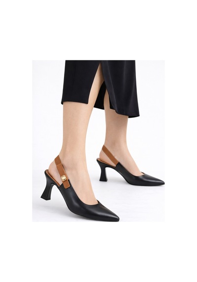 Dadwolf Kadın Slingback Topuklu Ayakkabı Sivri Burun 5,5 Cm Orta Topuk Bantlı Zarif Günlük Ofis Stiletto Siyah