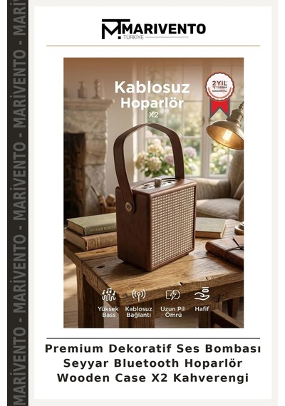 Premium Dekoratif Ses Bombası Seyyar Bluetooth Hoparlör Wooden Case X2 Kahverengi