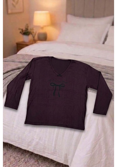 Büyük Beden Kadın Baskılı Kaşkorse Pijama Takımı Mürdüm