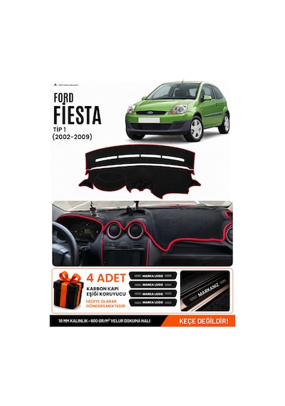 Ford Fiesta Tip 1 2002-2009 Uyumlu Torpido Örtüsü, Torpido Kılıfı - Siyah-kırmızı - Fo007