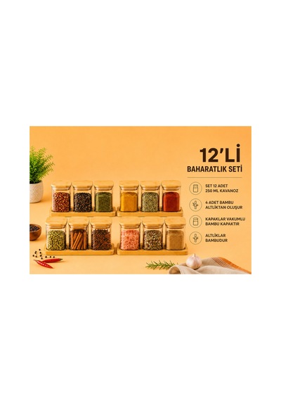 12'li Bambu Vakum Kapaklı Borosilikat Cam Baharatlık Bambu Altlıklı 250 Ml Diğer