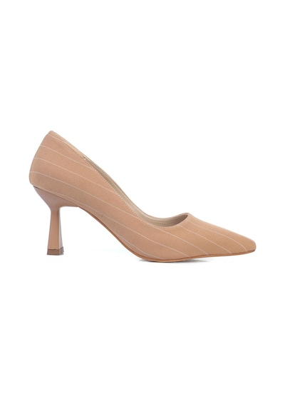 Shoetek Luana Kadın Stiletto Çizgili Kumaş Topuklu Ayakkabı Bej Saten Bej