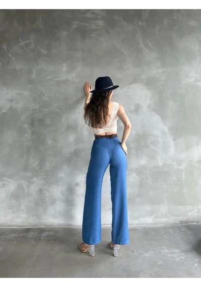 Derenle Beli Kemerli Keten Pantolon Mavi