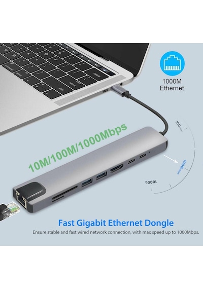 8 In 1 Type-C Hub 87W Pd Hdmi Ethernet Typec Çoklayıcı Dönüştürüc