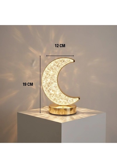 Hilal Ay Model Kristal Led Masa Lambası Dokunmatik, 3 Renk Işık Modlu, Şarjlı Mini Dekoratif Gece Çok Renkli
