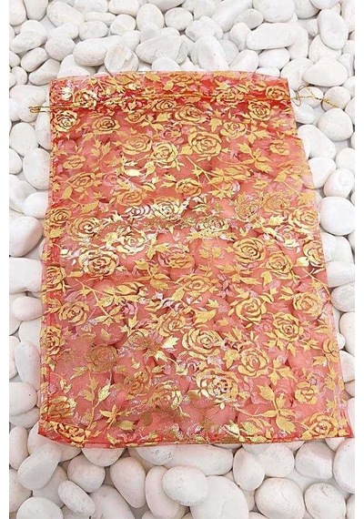 Desenli Kırmızı Renk 12 14 Cm Organze Tül Kese 100 Adet