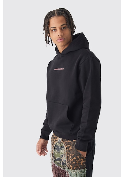 Unisex Oversize Uomo Baskılı Kapüşonlu Siyah Sweatshirt Siyah