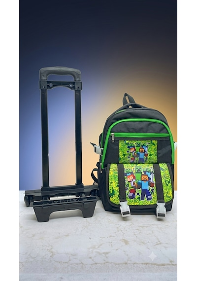 2 Kademeli Çekçekli Tekerlekli Karekter Desenli Laptop Bölmeli İlkokul Sırt Çantası 40 27 17 Cm Siyah/yeşil