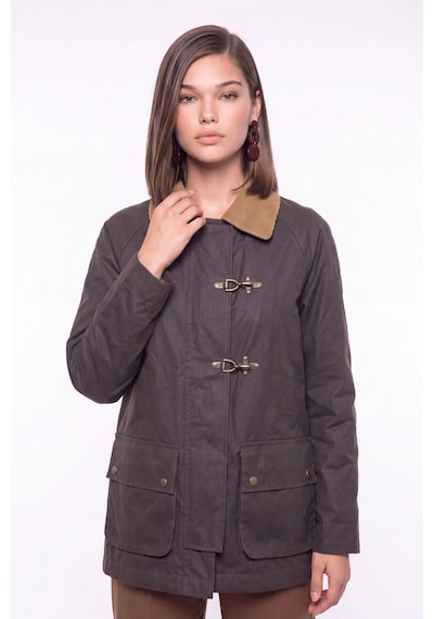 CEMO Kadife Yaka Metal Tokalı Cep Detaylı Mevsimlik Mont Kahverengi