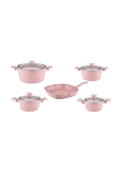 9 Parça Granit Set Cam Kapak - Pembe Pembe