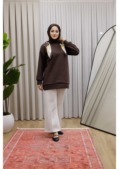 Moonsc Kadın Regular Fit Pamuklu Yaka Fularlı Bisiklet Yaka Kahverengi Tunik
