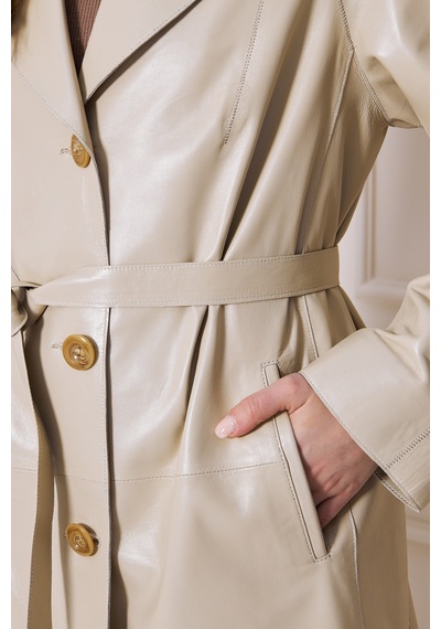 M M Marki Marki Kadın Hakiki Deri Trençkot Bej, V Yaka, Kuşaklı, Düğme Kapamalı, Oversize, 90 Cm - 117122