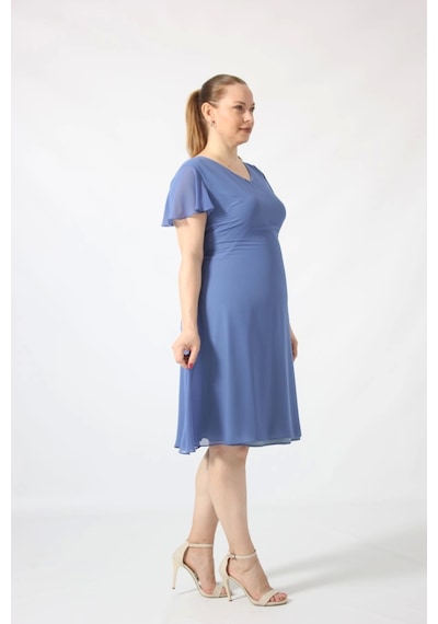 Moda Berray 3297 İndigo Kolu Fırfırlı Bele Oturan Astarlı Şifon Elbise İndigo