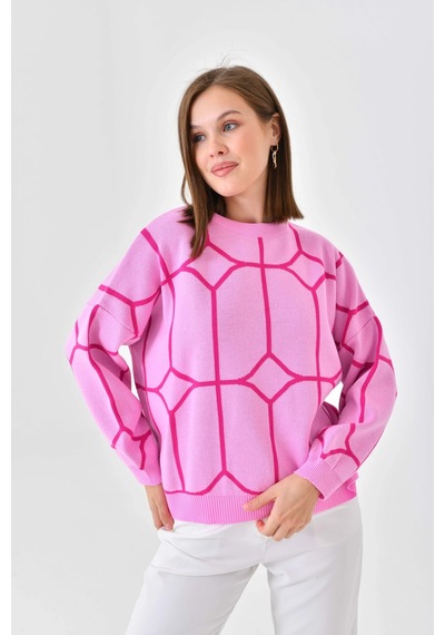 Park Karon Kadın Bisiklet Yaka Desenli Oversize Triko Kazak 224403 Pembe