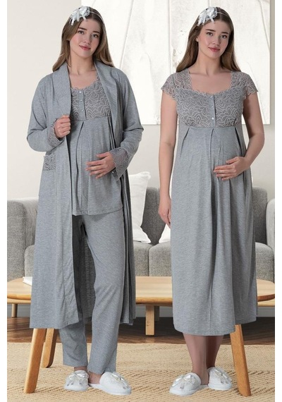 Mecit Pijama Mecit 6066 Bayan Hamile Lohusa Gri Sabahlık Gecelik Pijama Seti 001