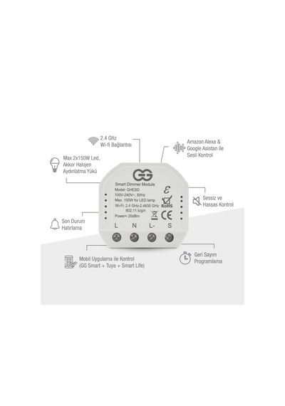 Günsan Akıllı Wifi Nötrlü Dimmer Röle 150w Işık Ayarlı Anahtar Modülü Tuya & Smart Life Uyumlu