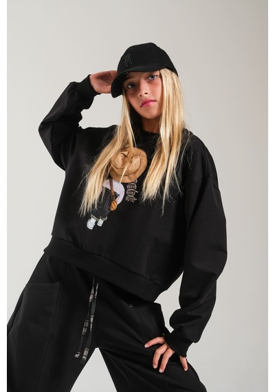 Loco Loco Siyah Baskılı Şapka Aksesuarlı Çocuk Sweatshirt