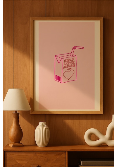 Self Love Juice Doğal Ahşap Çerçeveli Poster, Dekoratif Pembe Duvar Tablosu