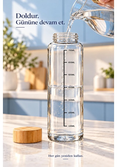 Tilbe Home Bambu Kapaklı Cam Matara Sporcu Suluğu Taşınabilir Su Şişesi 700 Ml Vakumlu Suluk Şeffaf