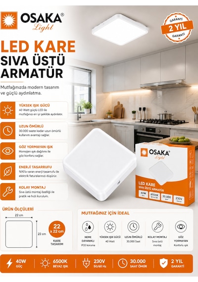 2 Adet Osaka 40w Kare Sıva Üstü Armatür Beyaz Işık 6500k