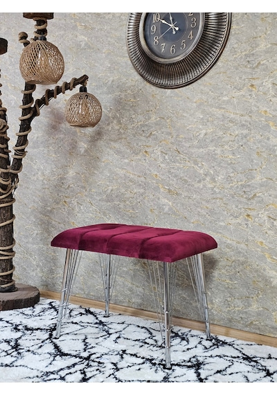 Zafir Metal Krom Tel Ayaklı 60 Cm Puf Bench - Puf - Bench - Oturak - Mutfak Oturağı - Antre Oturağı Bordo