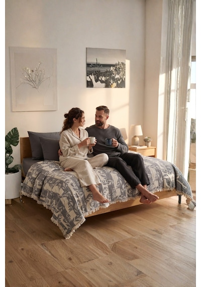Nuvia 5 Kat Dolgulu Müslin Çift Kişilik Yatak Örtüsü %100 Pamuk Jakar Dokulu 220x240 Cm Gri