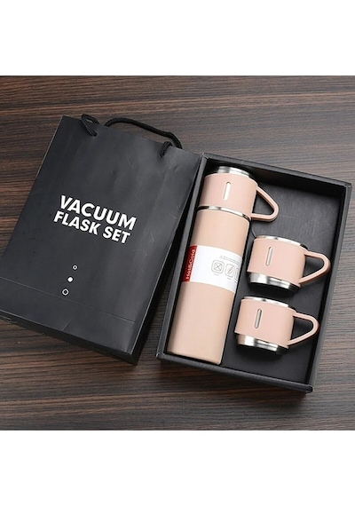 500 Ml Paslanmaz Çelik 3 Bardaklı Termos Set Pembe