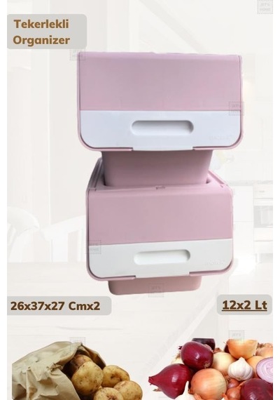 2 Li Tekerlekli Organizer Bpa Free Erzak Kutusu Sebzelik Soğanlık Oyuncaklık Pembe 24 Lt Pembe