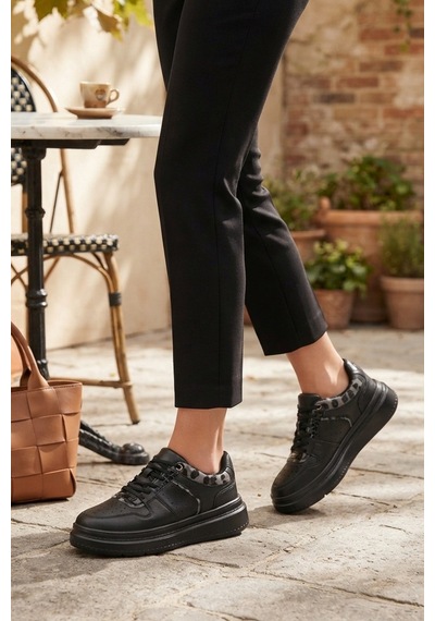 Flet Siyah Yüksek Tabanlı Günlük Sneaker Kadın Spor Ayakkabı