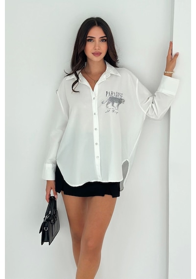 Asprin Fashion Dril Kumaş Paradise Baskılı Taşlı Gömlek Gümüş Gümüş
