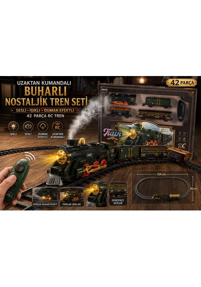 Uzaktan Kumandalı Buharlı Nostaljik Tren Seti Sesli Işıklı Ve Duman Efektli 42 Parça Rc Tren