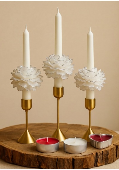 Exe Pazar 3 Lü Gümüş Yaldız Beyaz Şakayık Detaylı Şamdan Mumu Ve 3'lü Tealight Seti Beyaz