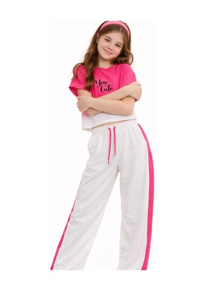 İrem Kız Çocuk You Cute Yazılı Pembe Çift Renk Tişört Yanı Şeritli Pantolonlu İkili Takım