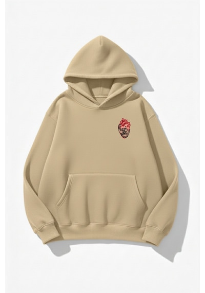 Uyguntarz Unisex Yumuşak Dokulu Canım Kedilerim Baskılı Tasarım Oversize 3 İplik Hoodie Sweatshirt Bej